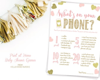 Pink and Gold Baby Shower Game . What's on Your Phone . DIY Printable . Instant Download . Baby Girl . Glitter Hearts Confetti