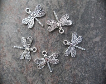 Dragonfly charms Package of 5 charms perfect for adjustable bangle bracelets Antique silver finish dragonfly charms