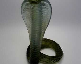 Signed Daum France Pate de Verre Green Cobra Snake Glass Sculpture