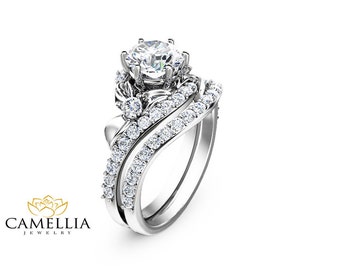 flower engagement ring set 14k white gold engagement rings flower 1ct moissanite ring with half eternity - Flower Wedding Rings flower engagement ring set 14k white gold engagement rings flower 1ct moissanite ring with half eternity - Flower Wedding Rings