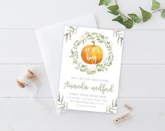 Fall Baby Shower Invitation, Pumpkin, Boho, Gender Neutral, Watercolor Flower Invitation (790)