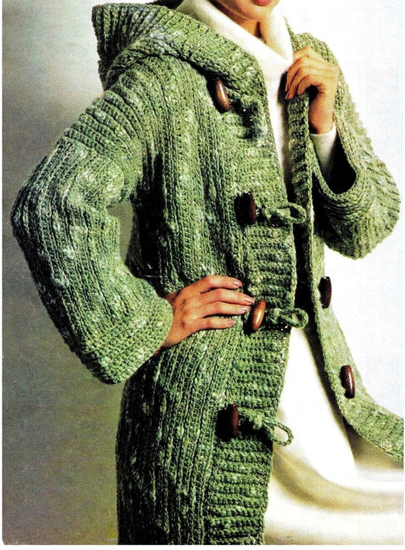 CROCHET Jacket Coat Pattern Toggled Buttoned Down Hooded Car
