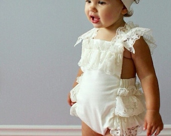 Cream Lace Romper- Baby Girl Romper, vintage style lace romper, tea party Ruffle Romper, girlie lace romper