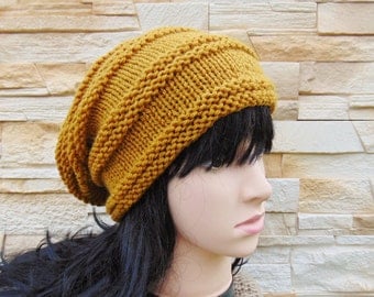 Mustard Slouch Hat Yellow Slouchy Beanie Teenager Slouchy Beanie Knit Hat Womens Cap Slouch Hat Warm Chunky Wool Winter Baggy Hat Teen Girls