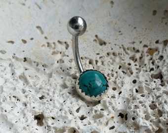 Belly Button Ring - Turquoise Sterling Silver Mount Belly Ring - 14g Navel Ring - 14 gauge Belly Piercing - Body Jewelry - Birthstone