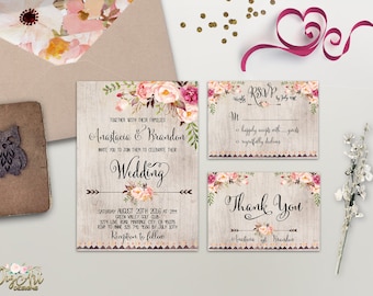 Floral Rustic Wedding Invitation Printable Boho Chic Wedding Invitation Suite Watercolor Peony Wedding Invite Bohemian Wedding, Digital File