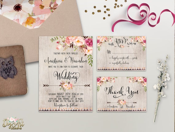 Floral Rustic Wedding Invitation Printable Boho Chic Floral Rustic Wedding Invitation Printable Boho Chic