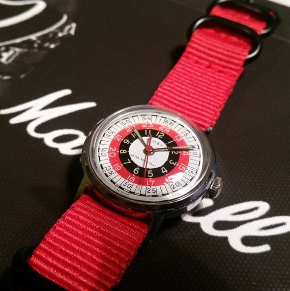 Vintage Timex Watch. Mens 1970s Watch. 24 Hour Watch. Military Style Vintage Watch. Roulette Design Watch. Timex Watch. Red Nato Strap Watch