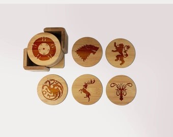 Game of Thrones Coasters, Round or Square Coaster Set, Engraved Bamboo Wood Coasters, GOT Fan HBO TV Show Housewarming Gift 6pc Set--6098