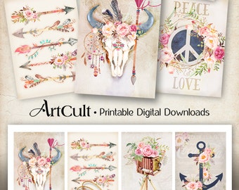 Printable download BOHO CHIC TAGS digital collage sheet shabby flowers, feathers, bull skull, arrows, scrapbooking decoupage paper gift tags