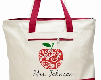 Teacher bag, teacher tote, apple bag, personalized teacher bag, teacher appreciation gift, book bag, teacher gift, canvas zippered bag