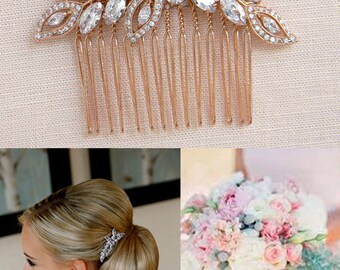 Rose gold hair comb, Bridal Hair comb, Swarovski Pearl and crystal, Wedding Tiara, Rose Gold Linneah Crystal Hair comb