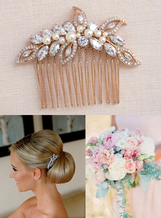 Rose gold hair comb, Bridal Hair comb, Swarovski Pearl and crystal, Wedding Tiara, Rose Gold Linneah Crystal Hair comb