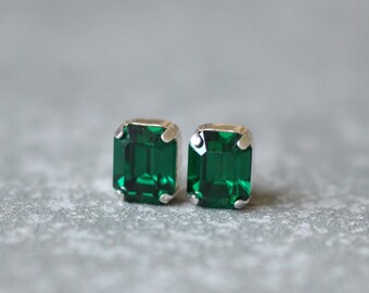 Emerald Earrings Bridal Earrings Bride Swarovski Crystal Diamond Studs Emerald Cut Earrings Super Sparklers Vintage Mashugana