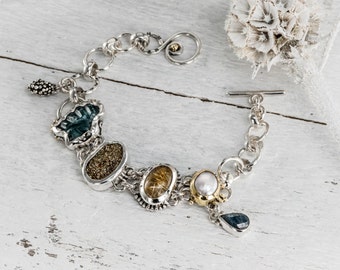 Blue tourmaline, Pyrite, Kyanite, Rutile quartz, Pearl bracelet, Silver Bracelet, Natural Gemstones, Fine Jewelry, 22k Gold