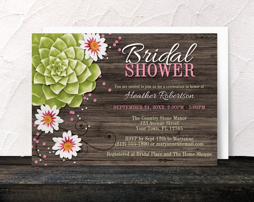 Rustic Succulent Bridal Shower Invitations Floral Pink Teal