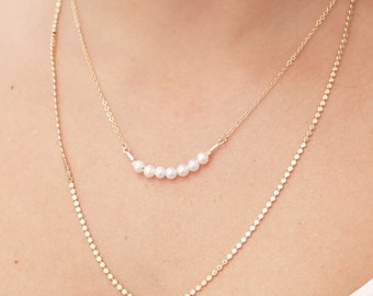 Gold Pearl Necklace Tiny Pearl Bar Necklace layered necklace Delicate Bead gold filled or silver necklace blush wedding jewelry.