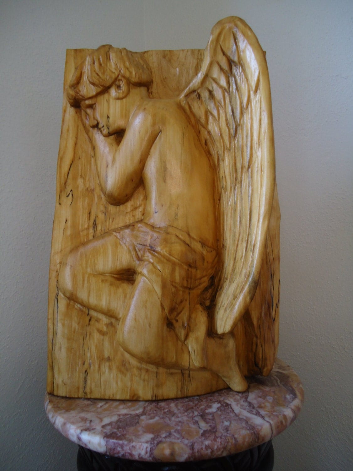 Hand carved Wood Angel sculpture Wood Angel wing Carved