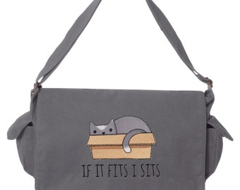 Cat Messenger Bag, If it Fits I Sits Kitty Cat Embroidered Canvas Cotton Messenger Bag