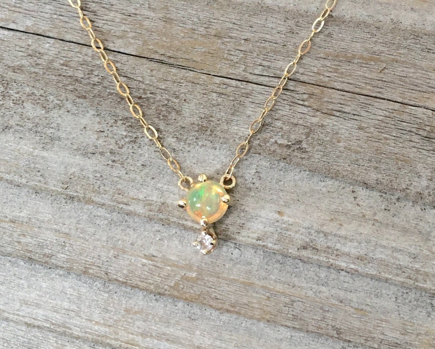 14k Opal Diamond Necklace Opal Necklace Solid Gold by LieselLove