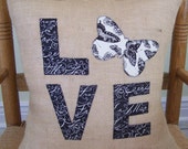 Butterfly pillow cover, love pillow cover, burlap Pillow Cover, Black and white pillow, Shabby chic decor, FREE SHIPPING!