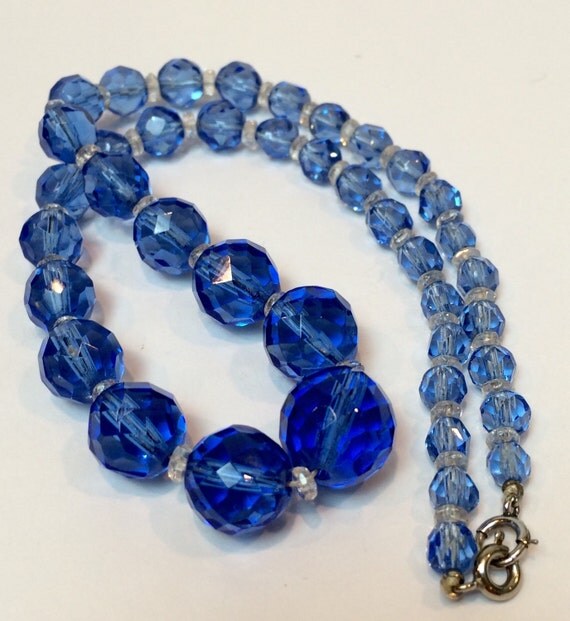 Vintage Blue Cut Glass Bead Necklace Sapphire Blue Crystal