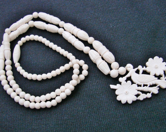 Vintage Hand Carved Bone Necklace / Bird Flower Motif / Wedding Bridal / Tribal Jewelry / Artisan / Jewelry / Jewellery