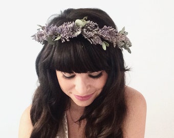 Dried Flower Crown- Lavender Wedding Headpiece- Bridal Floral Crown- Eucalyptus Flower Crown- Fall Wedding- Rustic Wedding Halo