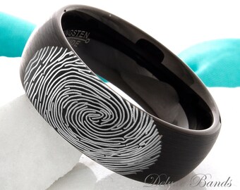 Tungsten Wedding Ring Fingerprint Ring Mens Womens promise Ring Custom Made Fingerprint Ring Anniversay Ring Black Dome Comfort Fit 8mm