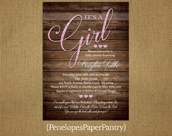 Rustic Baby Girl Shower Invitation,Cursive Girl Pink Glitter Print,Pink Glitter Print Hearts,Book Poem,Customizable.White Envelopes