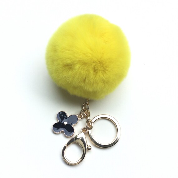 pom pom yellow fur keychain pom keychain Rabbit pom fur ball pom with REX pom Yellow fur