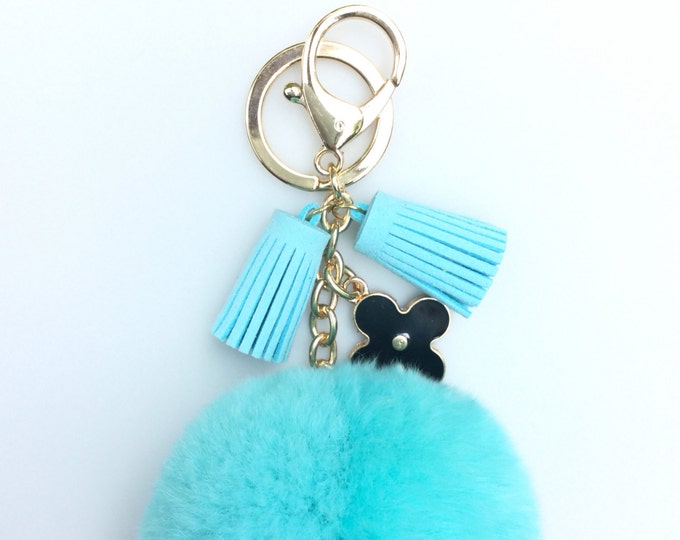 Dreamy Blue Rex Rabbit Fur Pompon bag charm pendant Fur Pom Pom keychain with flower charm and tassels