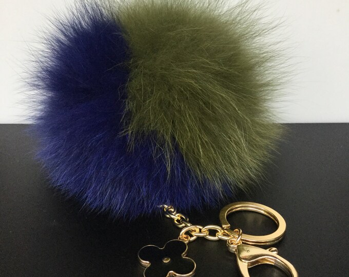 New! Forest Green Navy FW'16 fox fur Pompon bag charm pendant Fur Pom Pom keychain keyring with flower charm