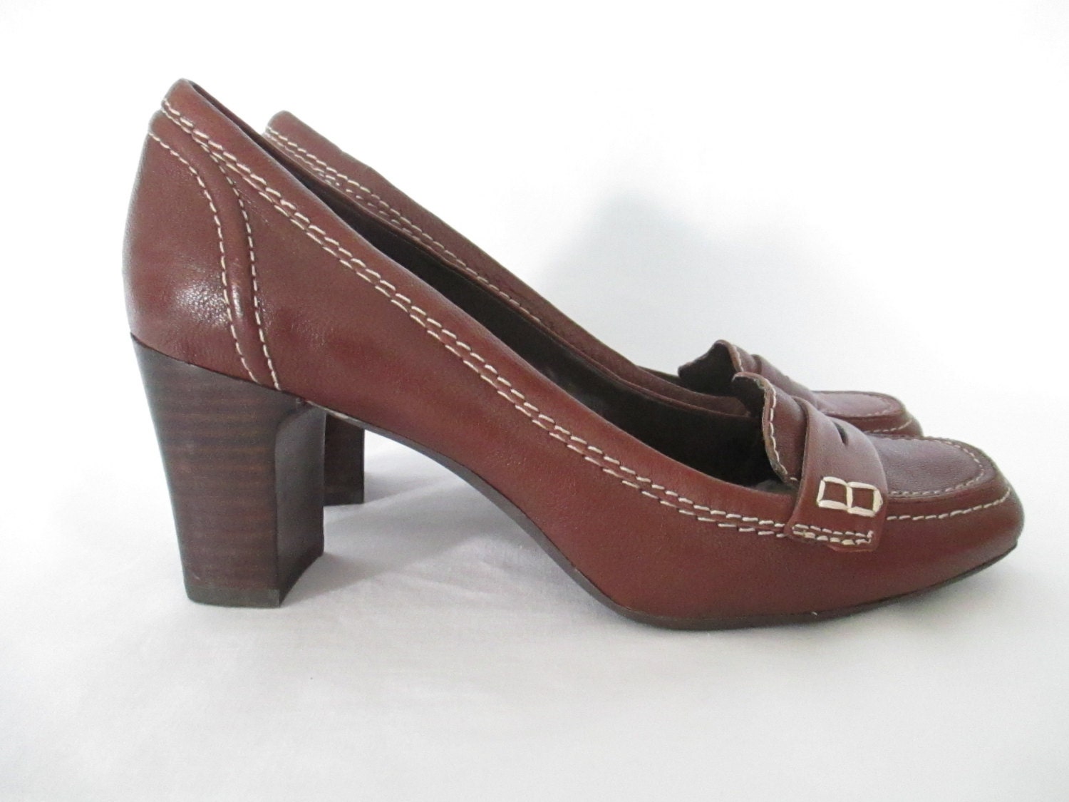90's Chunky Heeled Loafers Brown Leather Loafers Vintage