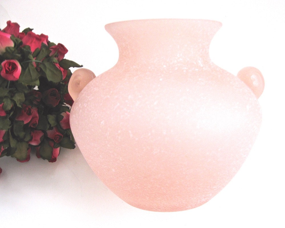 Vintage Pink Vase Frosted Glass Urn with Handles Shell