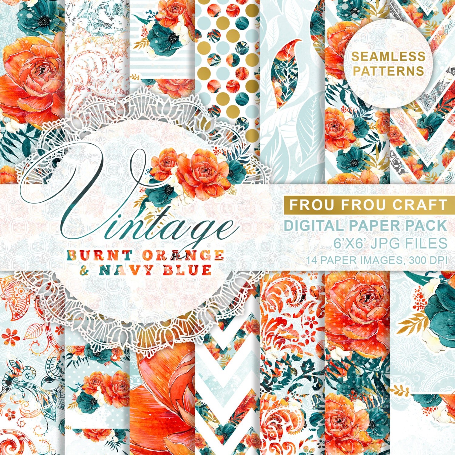 Burnt Orange Navy Blue Digital Pattern Watercolor Digital