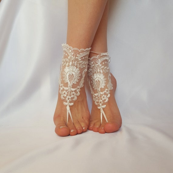 ivory silver frame beach wedding barefoot sandals shoes anklet