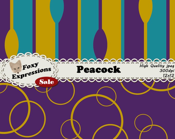 Peacock digital paper pack comes in fun peacock colors. Designs include stripes, checkers, plaid, polka dots, chevron, bubbles, and patterns