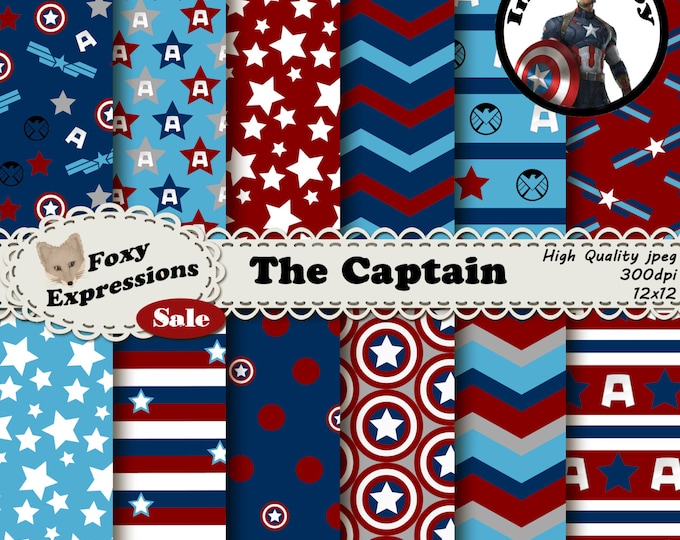 The Captain digital paper inspired by Captain America. Comes with stars, stripes, captains america shield, Avengers A, Agents of Shield logo