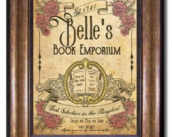 Belle's Book Emporium - Beauty and the Beast Vintage Disney Style Print - Multiple Sizes 5x7, 8x10, 11x14, 16x20, 18x24, 20x24, 24x36