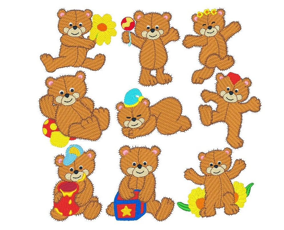 Teddy Bear Machine Embroidery Designs Set of 9 Fill Stitch