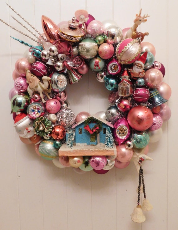 vintage christmas ornament ball wreath with retro kitsch putz vintage christmas ornament ball wreath with retro kitsch putz