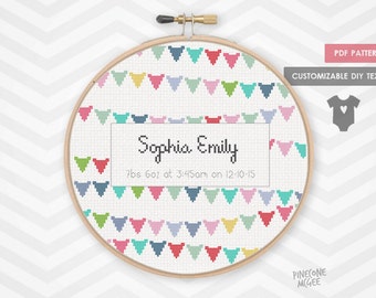 BABY BUNTING ANNOUNCEMENT counted cross stitch pattern, girl shower sampler modern nursery decor, easy personalized birth record xstitch pdf