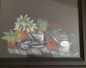 Hostas and Watering Cans