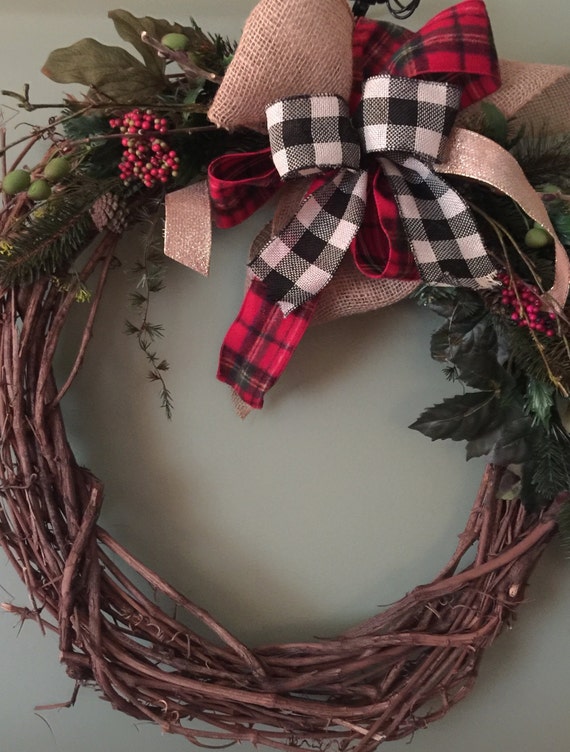 Rustic Christmas Wreath with Plaid Bow 24 Grapevine