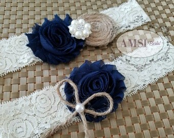 Rustic Wedding Garter, Wedding garter Set,Bridal garter,Lace garter, Navy Wedding garter, Navy Blue garter,Ivory Garter Burlap garter,bride