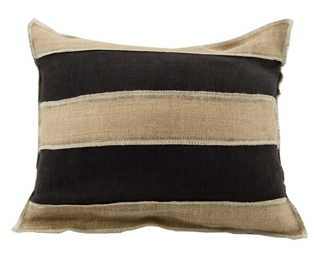 Burlap Pillow with Linen Stripes Jute Pillow Brown and Creme
