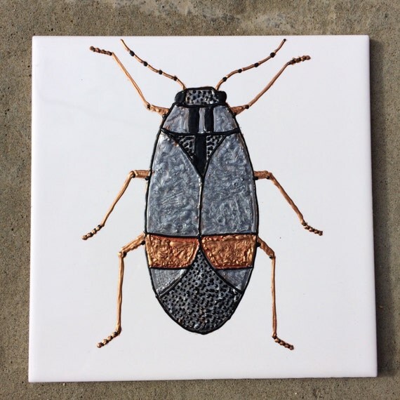 ceramic tile painting original copper silver and black bug ceramic tile painting original copper silver and black bug