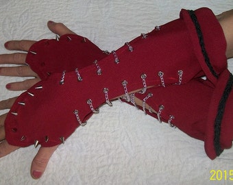 Mittens / long mittens / red red/cuffs mittens cuffed to chains and nails silver punk rock style