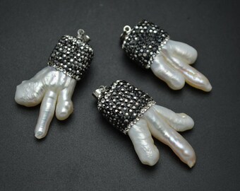 1pc Unique Shape White Fresh water Pearl Tree branch shape pendant Paved black crystal beads on top